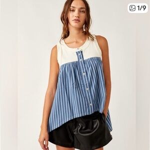 We The Free The Only One Tank. Cream and Blue Striped Sleeveless Top